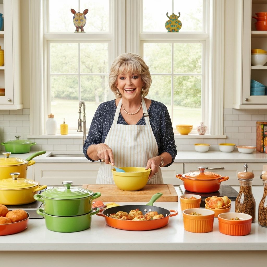 Paula Deen cooking with colorful speckled cookware in Southern kitchen