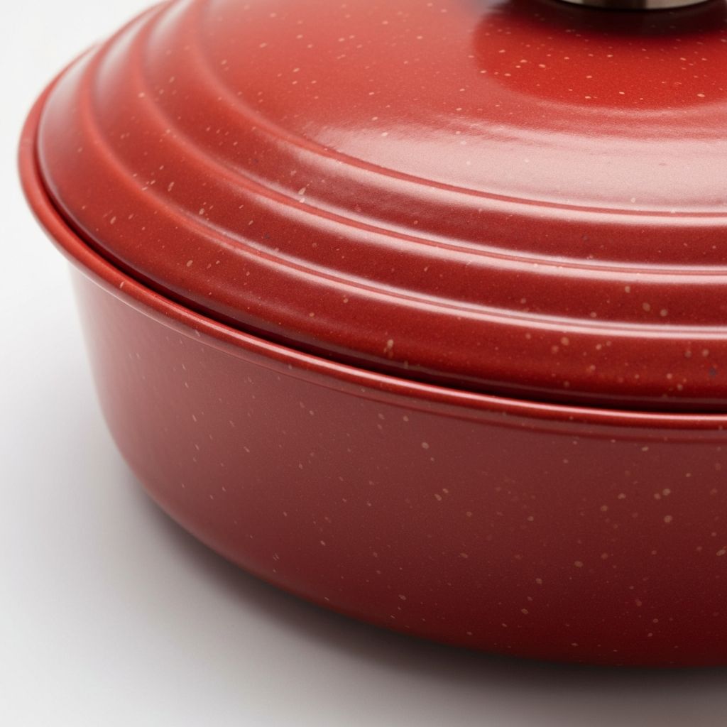 Paula Deen red speckled cookware close up showing quality